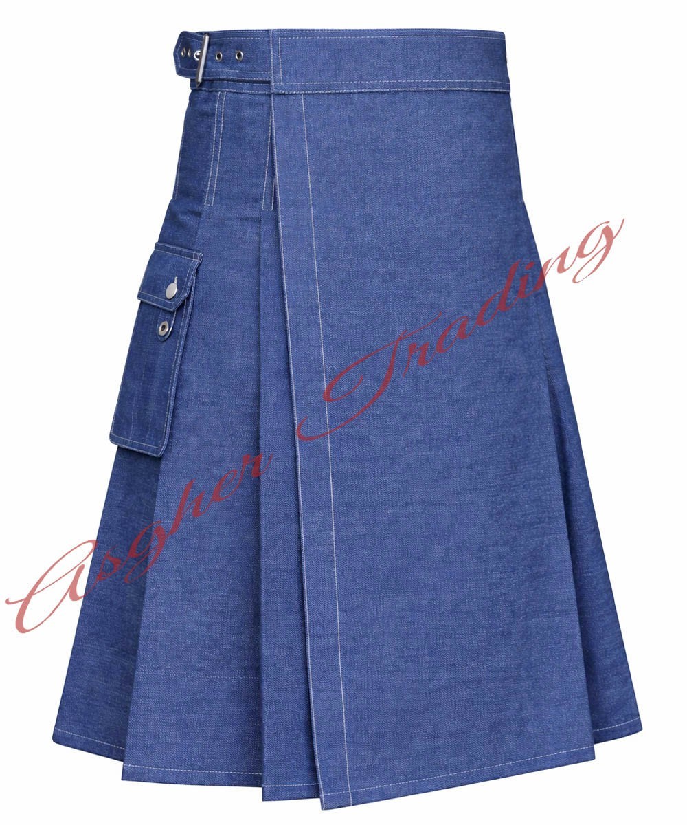 Blue Denim Modern Utility Kilt For Men’s Tactical Style Denim Kilt Made to Order