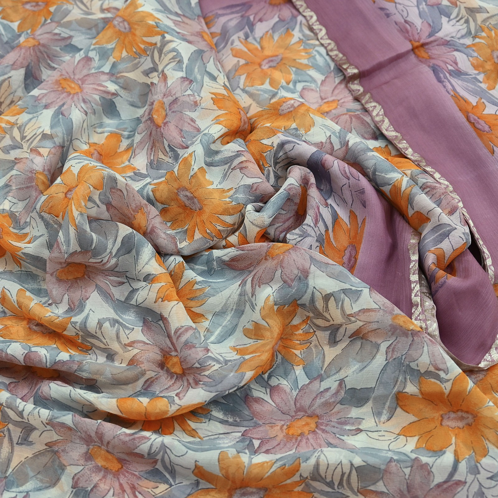 Vintage Sari Pure Chiffon Silk Sarees Printed Floral 5 Yards Soft Fabric Zari