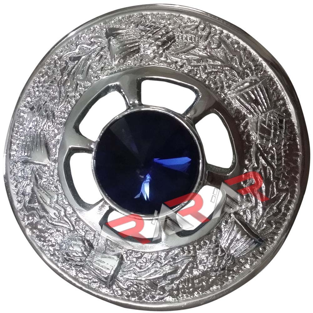 AAR Highland Kilt Ladies Fly Plaid Brooch Navy Blue Stone 2″ Scottish Emblem