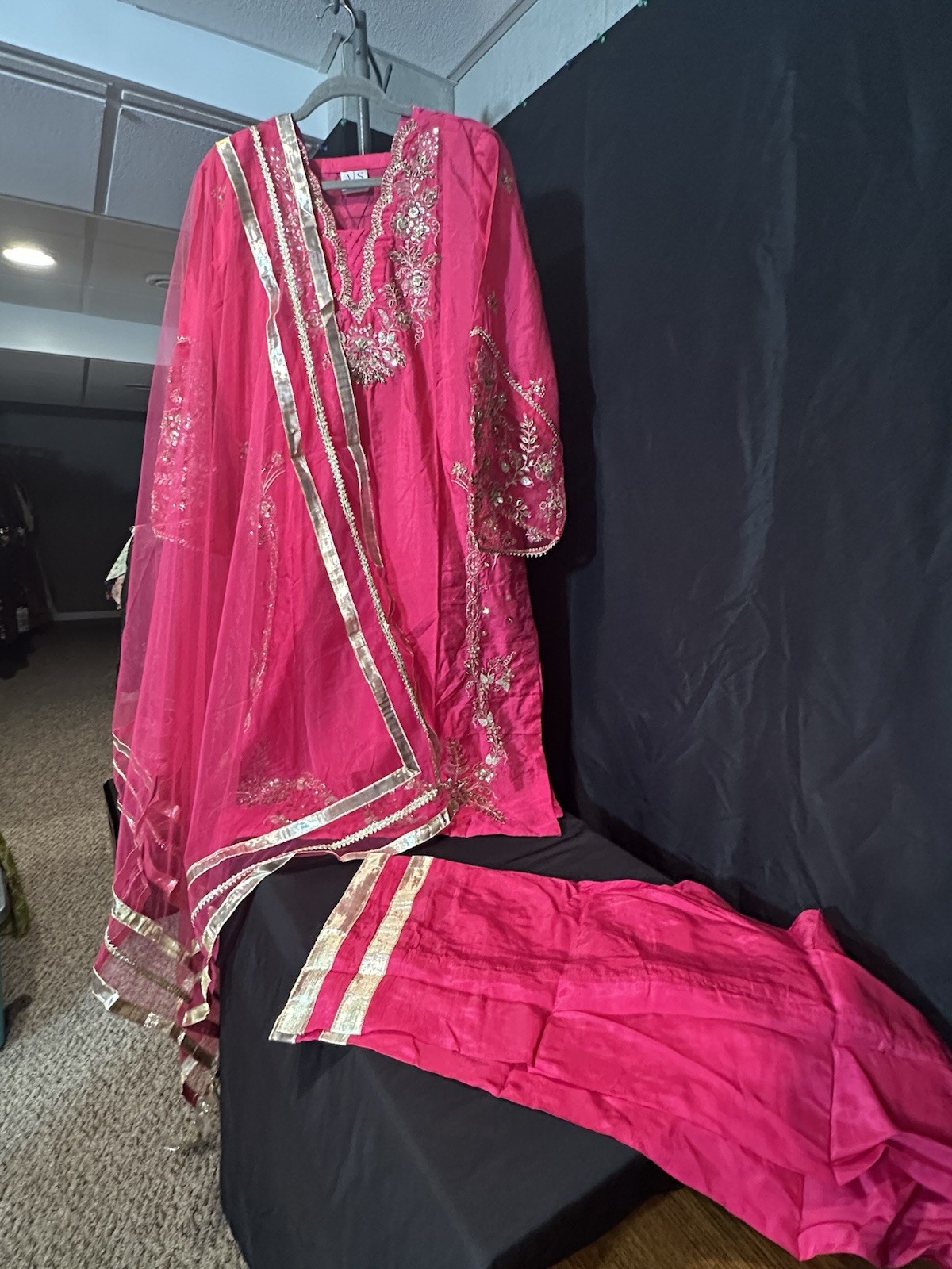ASIAN STITCH ZARQUN BRAND – Emb Raw Silk Front & Back Emb, Net Lux Dupatta – $75