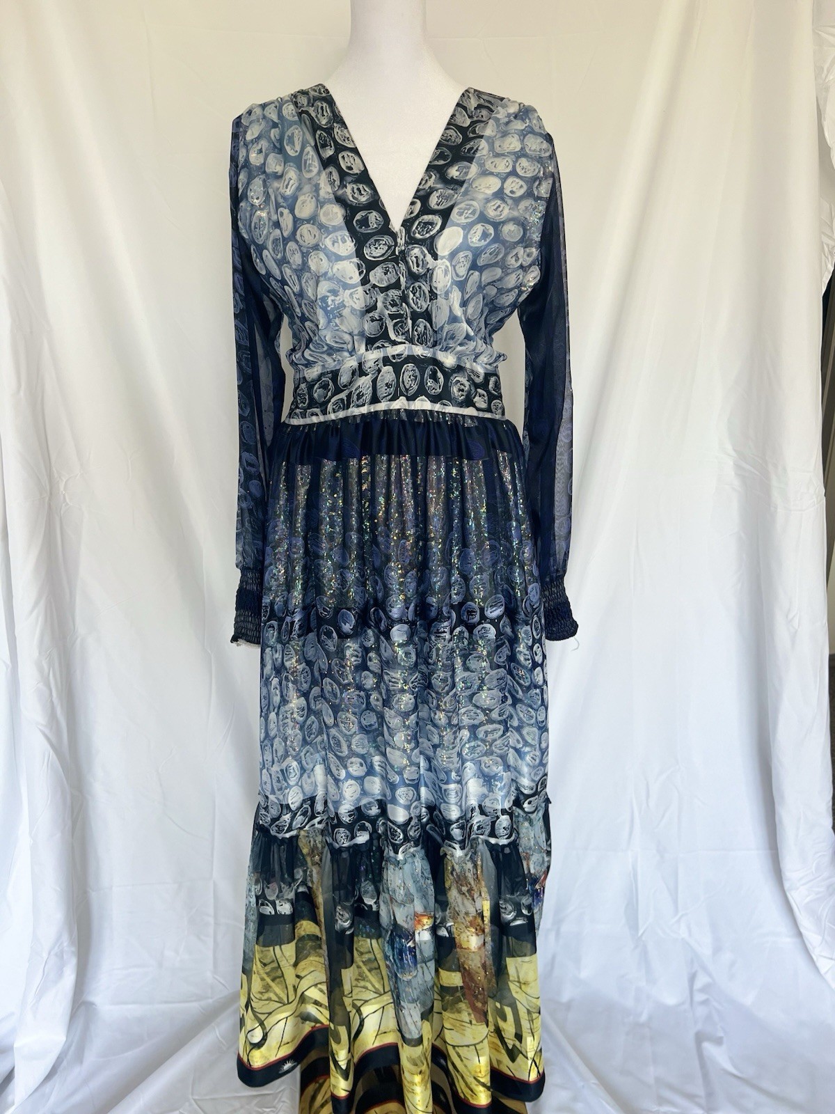 Blue Ethiopian Traditional Dress with Gold Chiffon – Embroidery
