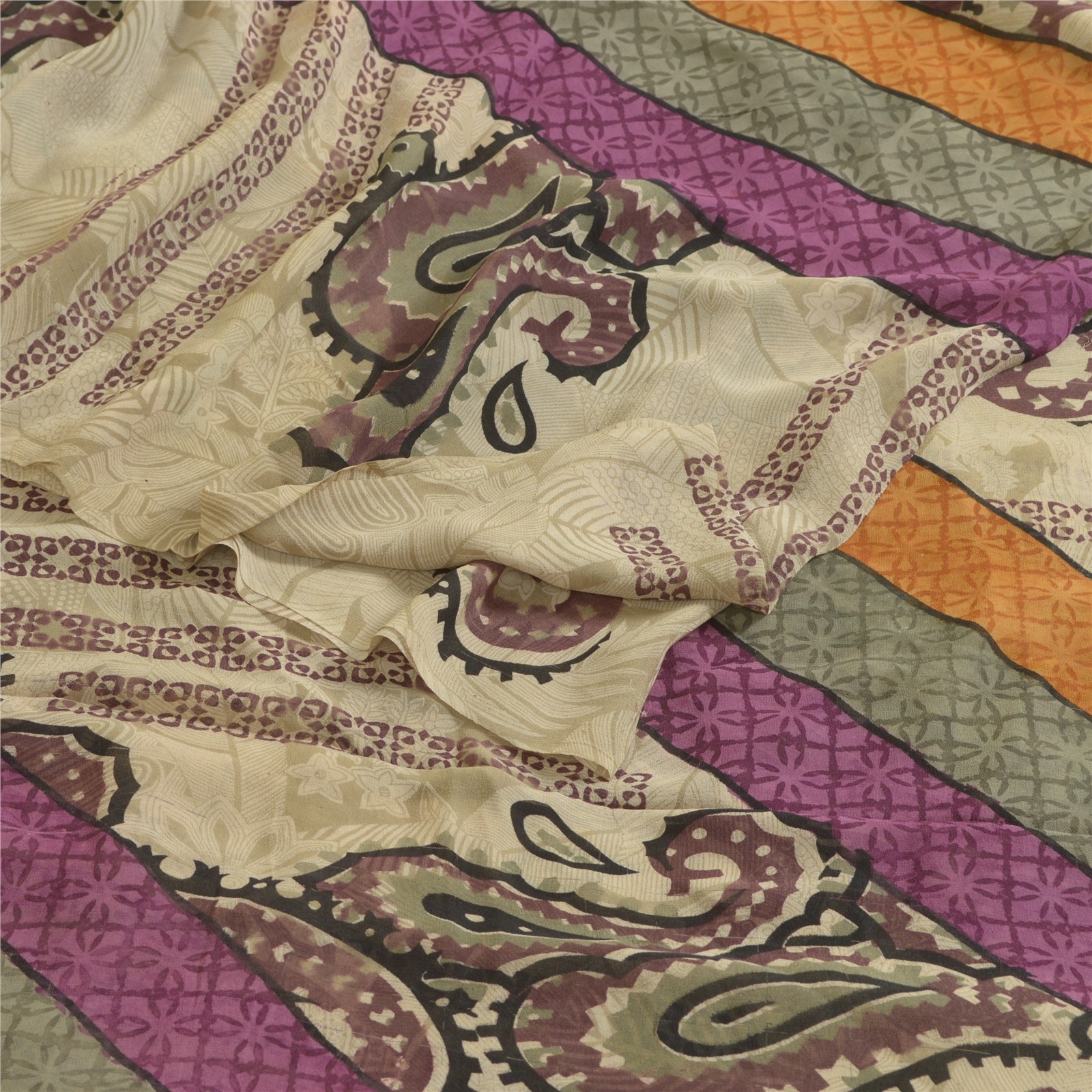 Sanskriti Vintage Sarees Ivory Pure Georgette Silk Printed Sari 5Yd Craft Fabric