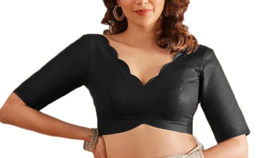 Dupion Saree Blouse Scallop V-Neck Sleeveless Readymade Choli For Lehenga Top