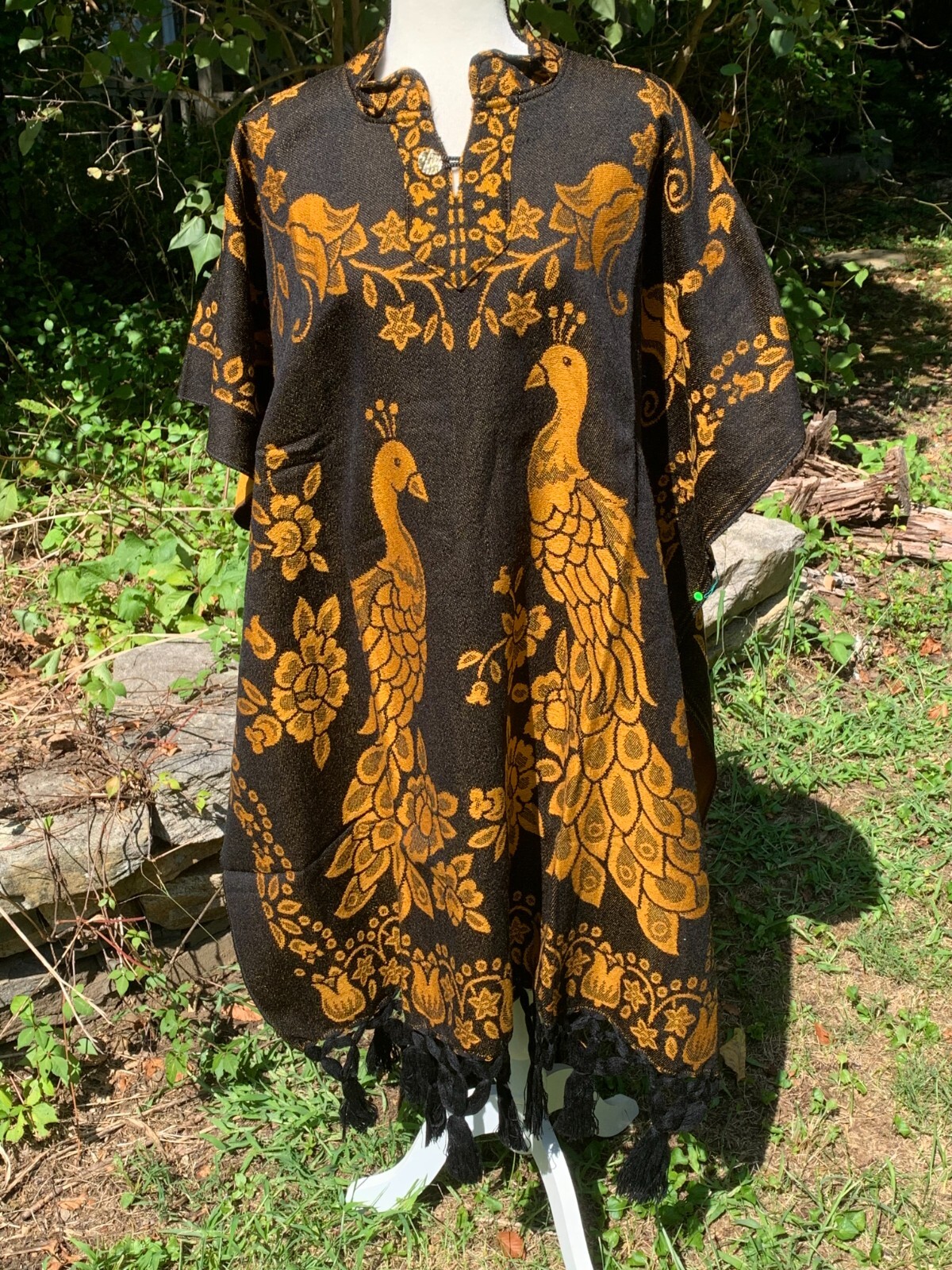 Mexican Poncho Pavos Reales Peacocks Fringe Gaban Woven Gold Black One Size H36