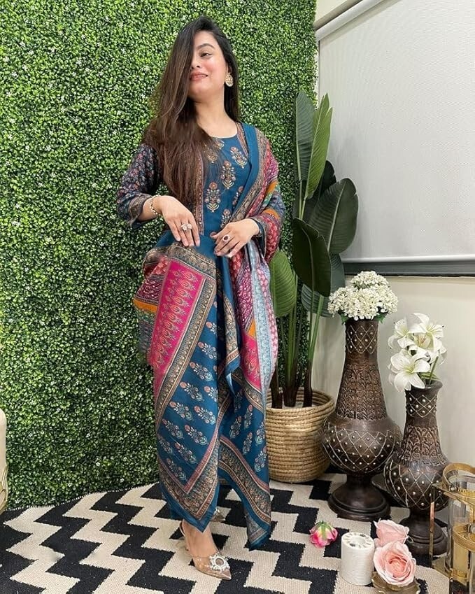 Women’s Silk Blend Straight Printed Kurta with Pant & Dupatta (Color May Vary)
