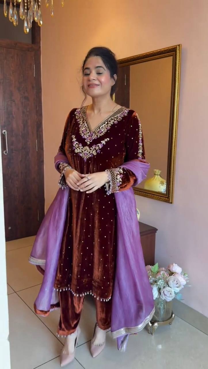 Latest Designer Velvet Salwar Kameez With Twill Net Dupatta For Women