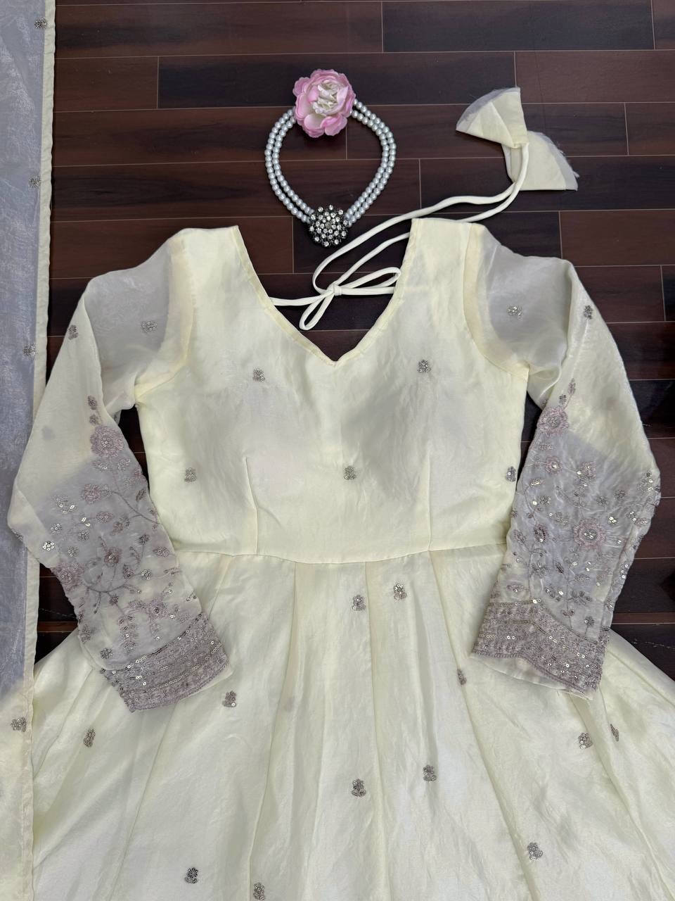 New Launching Silk Off White Gown Bottom With Dupatta For Functional Wear