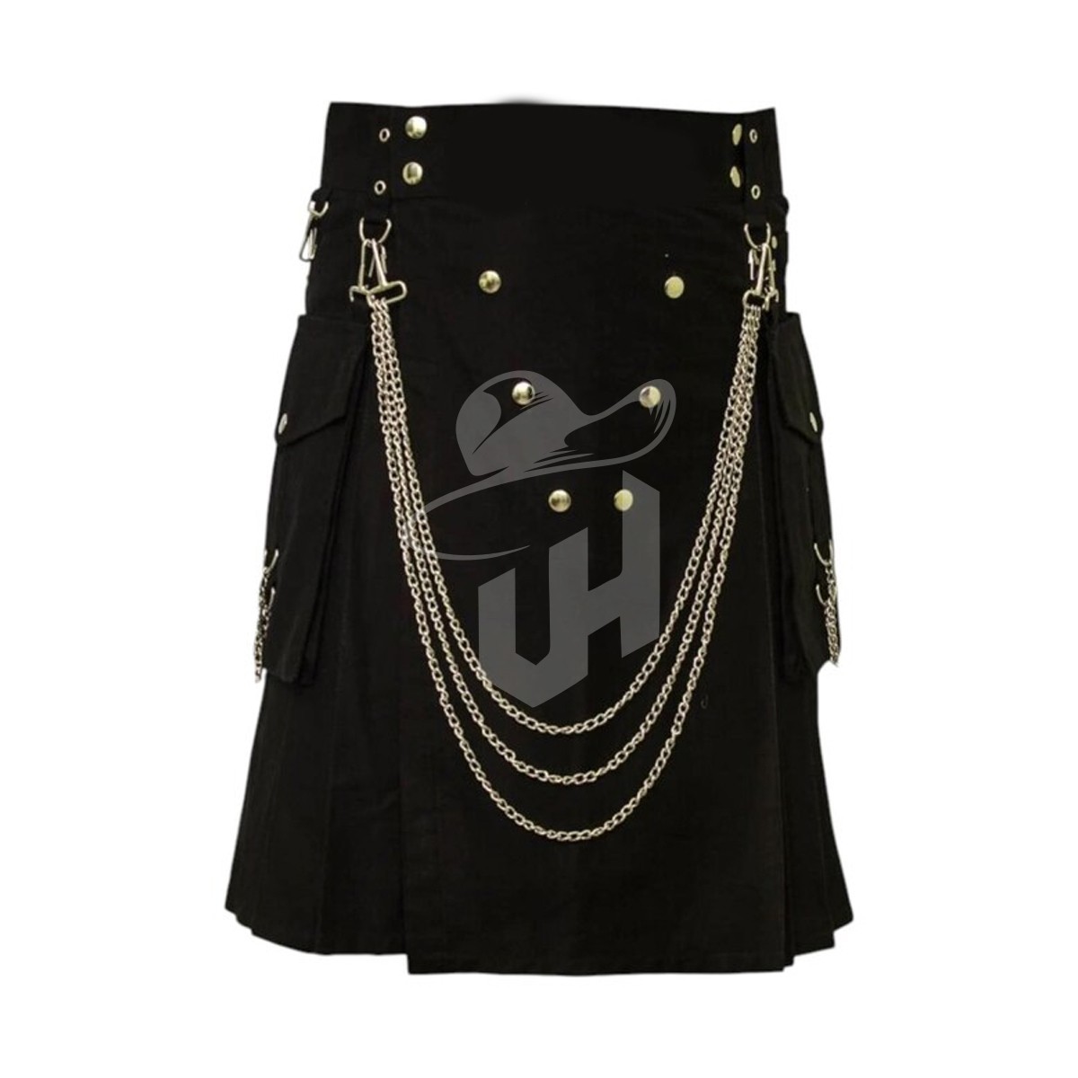 Men’s Black Gothic Utility Kilt with Chains – Steampunk Tactical Kilt 28″ to 60″