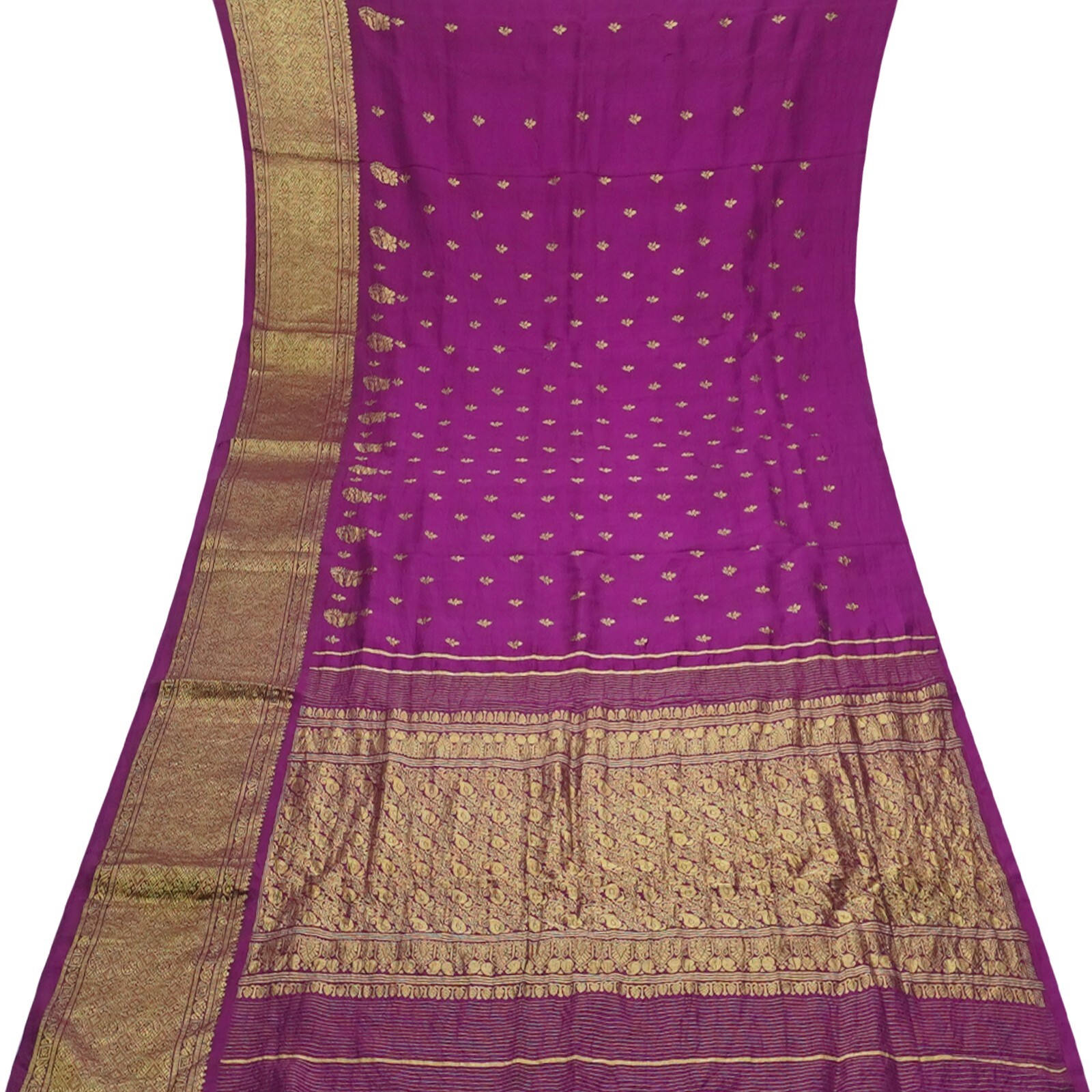 Vintage Purple Sarees 100% Pure Silk Zari Handwoven Big Border Wedding 5YD Sari