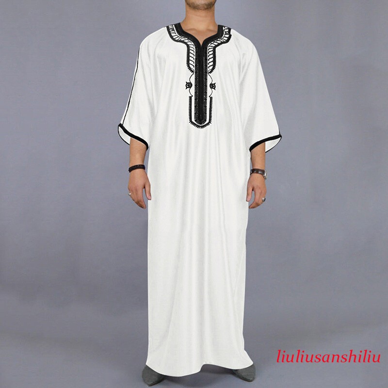 Muslim Men’s Black Robe Short Sleeves Embroidered Arabic Ethnic Style Clothes 1x