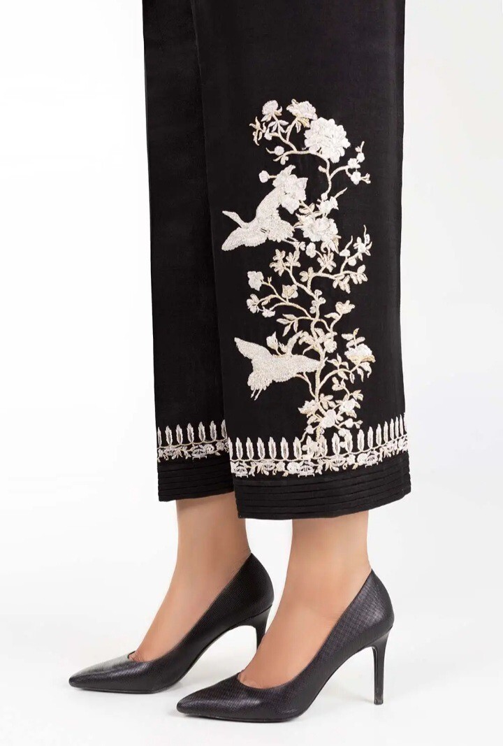 NWT Gul Ahmed Size M Black Formal Raw Silk Embroidered Trousers Pakistani