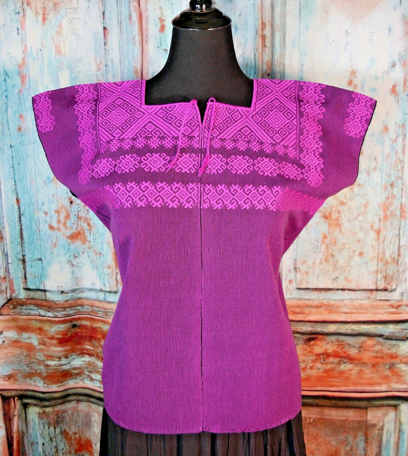 Huipil Mayan Pink & Purple Pinstripe Handwoven Backstrap Loom Chiapas Mexico