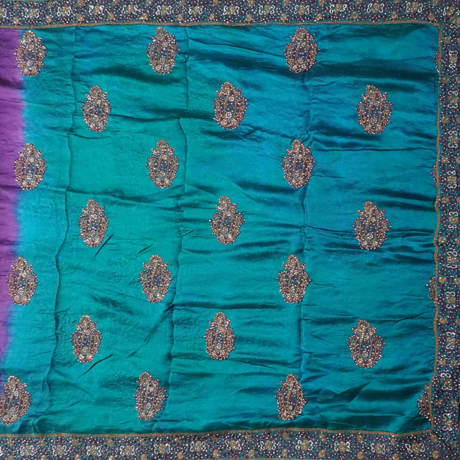 Vintage Purple Saree 100% Pure Silk Hand Embroidered Heavy Sari 5YD Craft Fabric