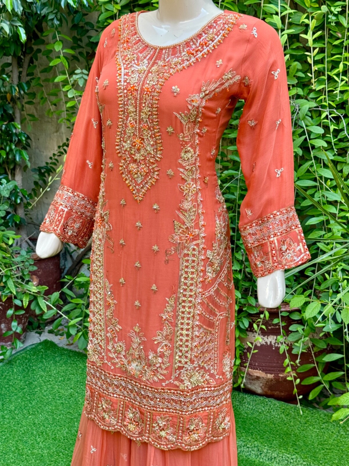 Pakistani Orange Straight Style Embroidered Sequins Chiffon Gharara Dress,S