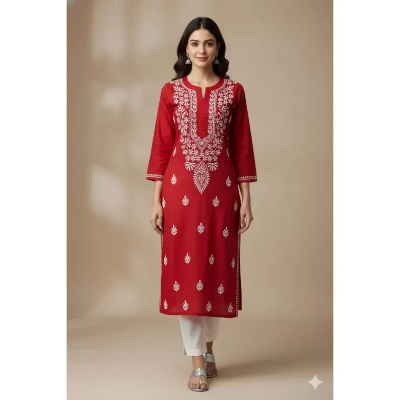 Chikankari Red Cotton Kurti | Hand Embroidered Pure Cotton Kurta for Women