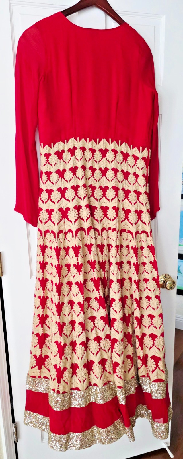 Stunning 3 Piece Ruby Red Chiffon Front-Slit Anarkali Embroidered Gown Size L