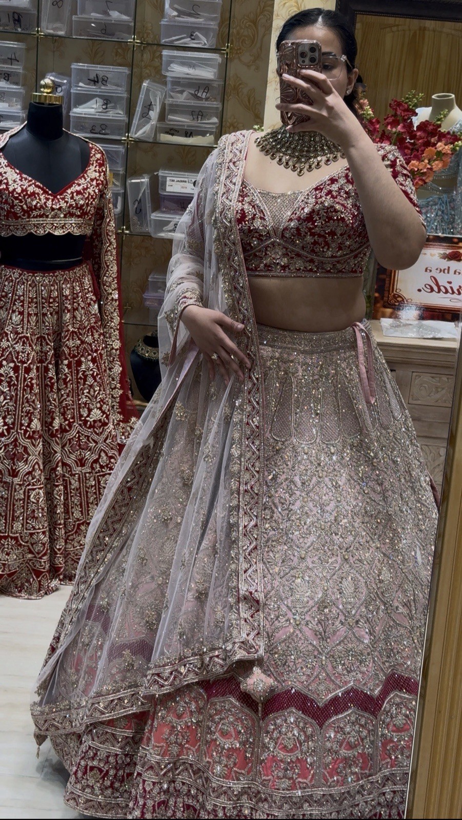 Woman Embroidered Lehenga with Dupatta Fusion Pink, light Pink, Peach and Gold.