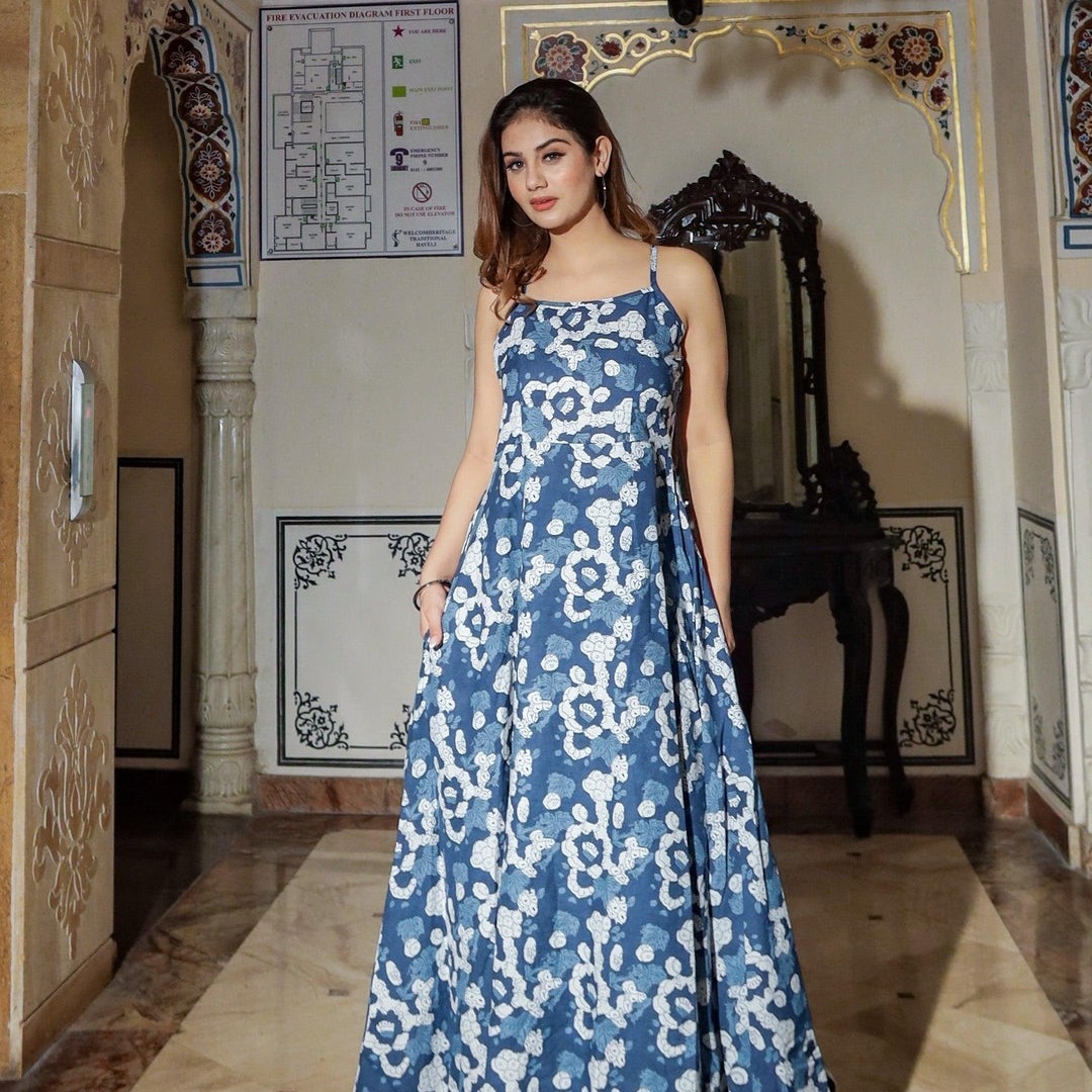 Premium Blue Floral Print Cotton Fabric Flared Dress for Women | Flowy Midi Dres