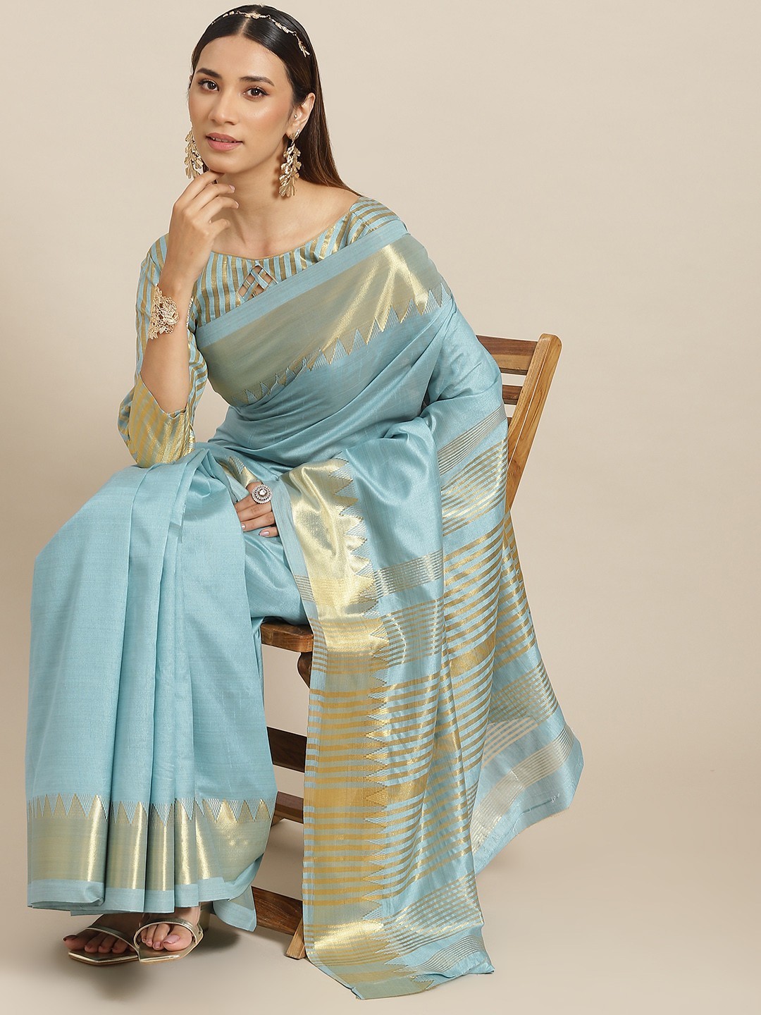 Women’s Turquoise Blue & Gold-Toned Woven Design Silk Blend Kasavu Saree