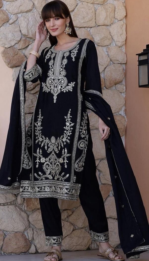 Handmade Pakistani Cotton Satin Embroidered Salwar Kameez Set Black M Dupatta