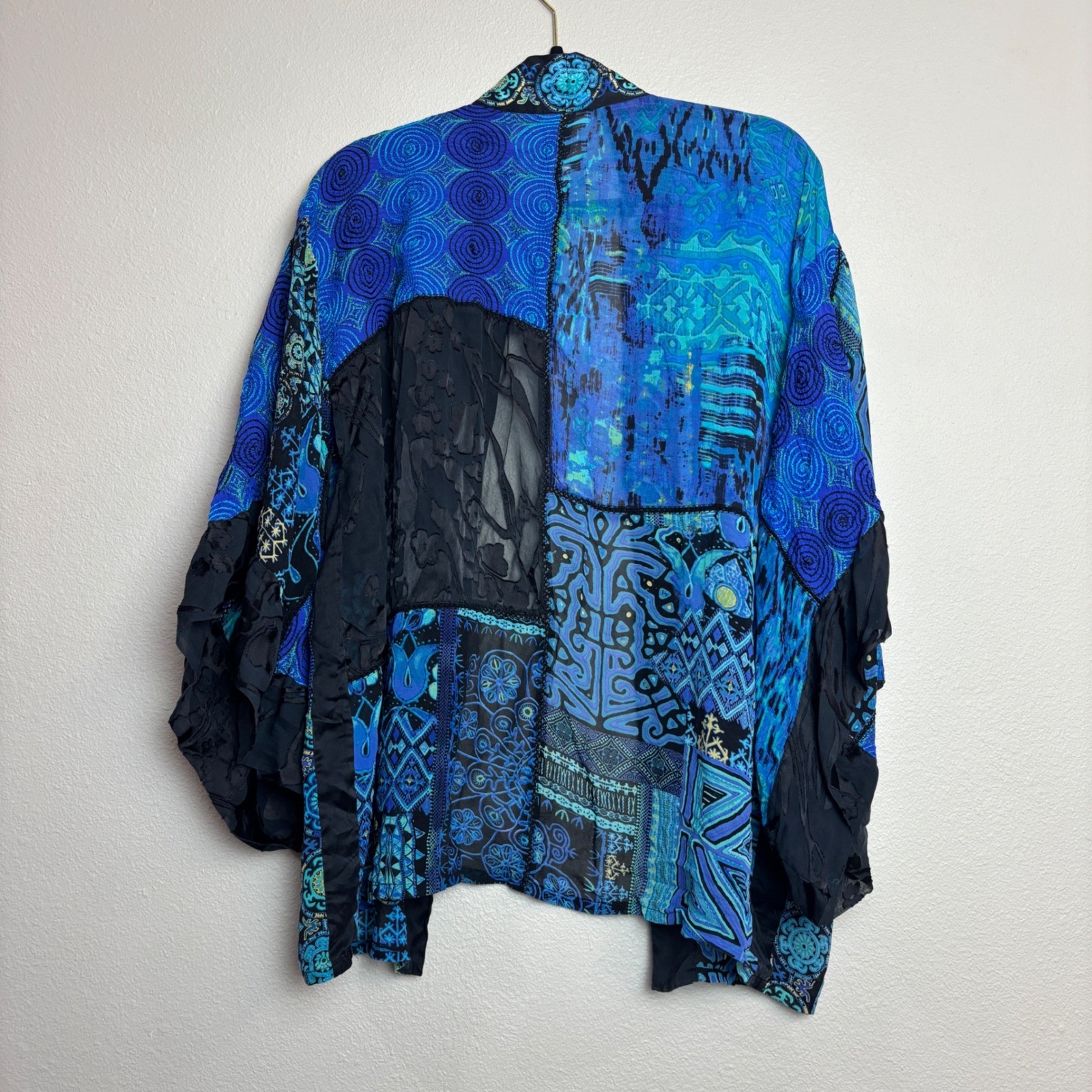 Chico’s Kimono Jacket Womens M/L Blue Patchwork Silk Blend Coastal Chic Boho Art