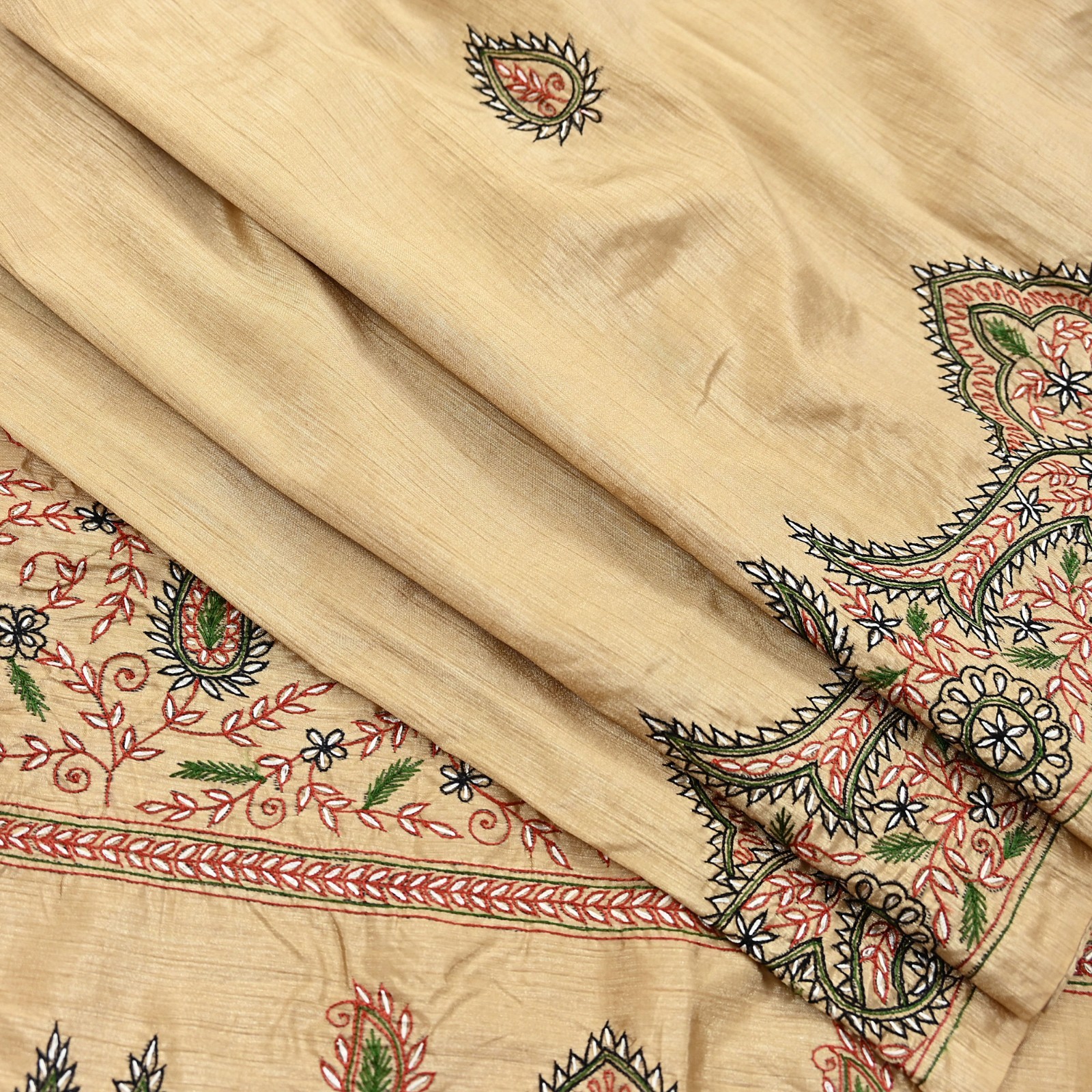Indian Vintage Sari Beige Artificial Silk Hand Embroidered Sarees Craft Fabric 5