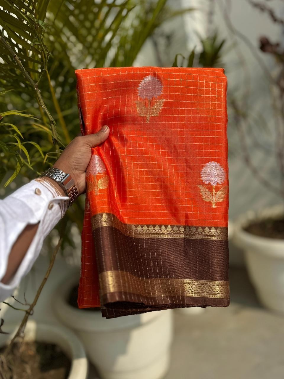 Trending Rust Orange Banarasi Soft Silk Saree with Gold Zari Checks & Blouse