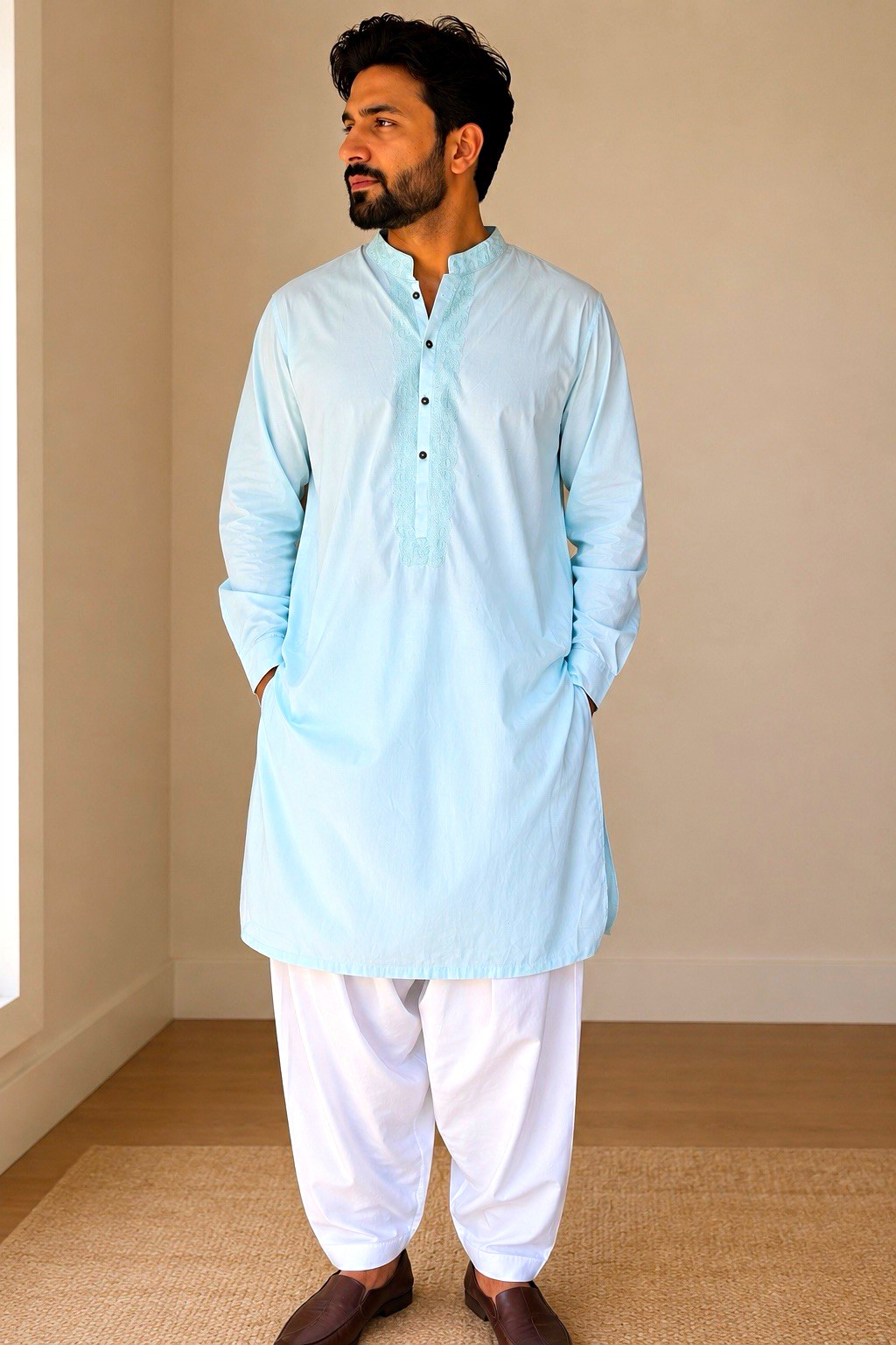 Pakistani/ indian Men’s Blue Embroidered Collar Cotton Kurta XL