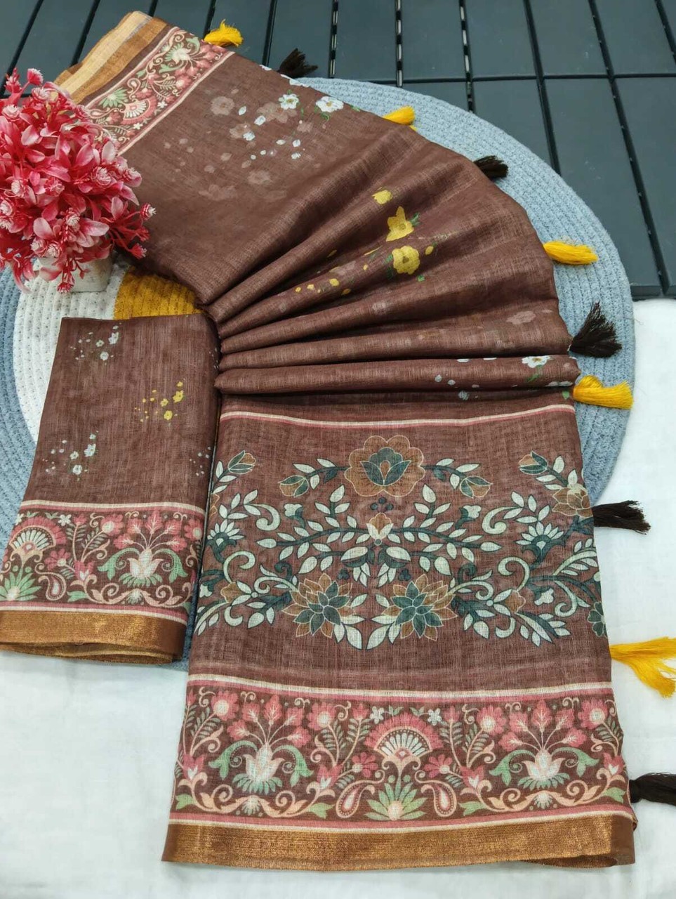 Printed Kanjivaram Pure Cotton, Cotton Linen Saree (Multicolor)