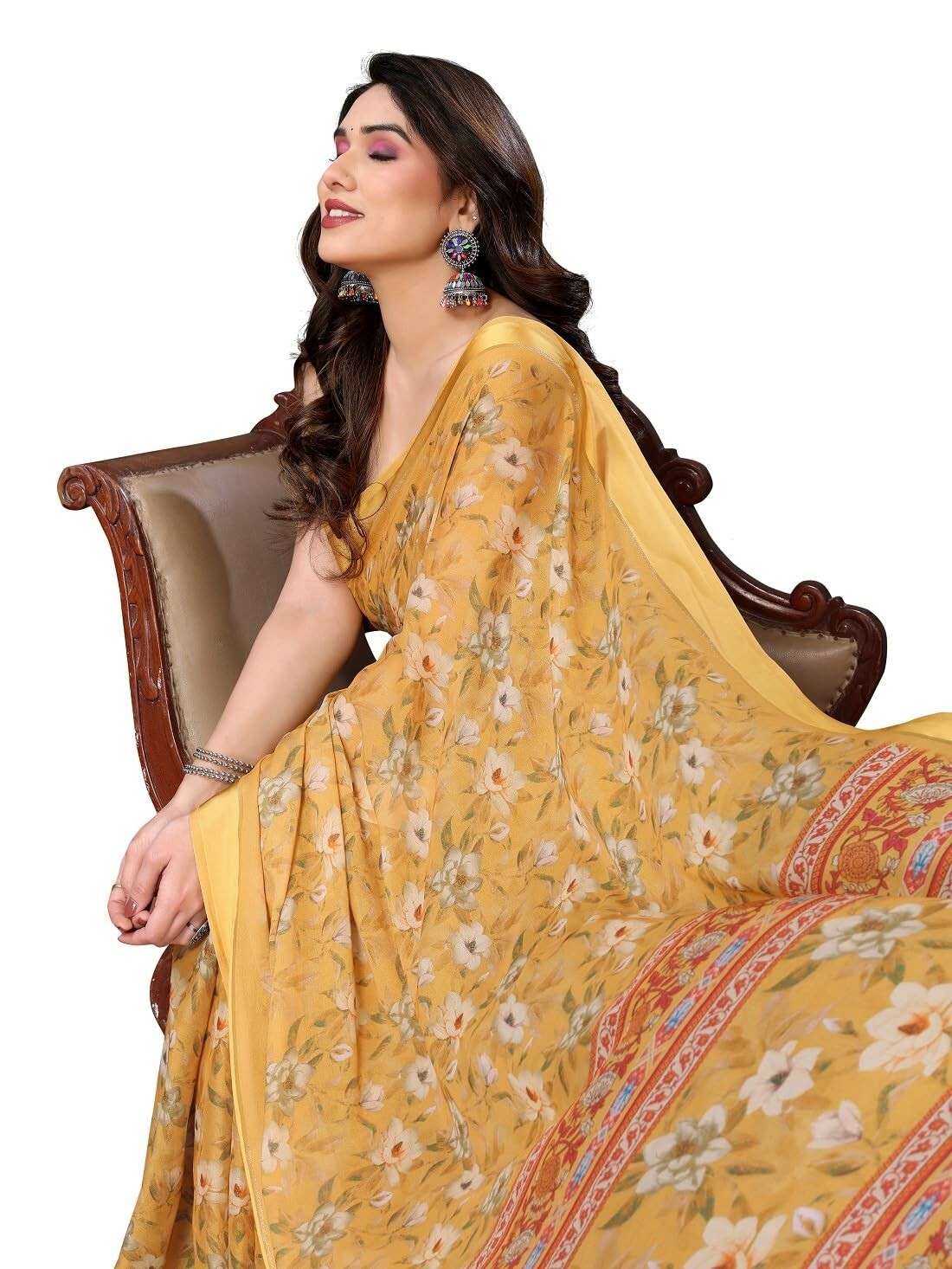 Women’s Floral Digital Printed Bright Moss Silk Sarees