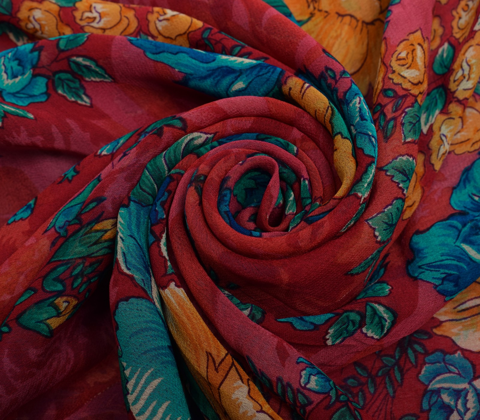 Sushila Vintage Red Saree 100% Pure Georgette Silk Printed Floral Craft Fabric