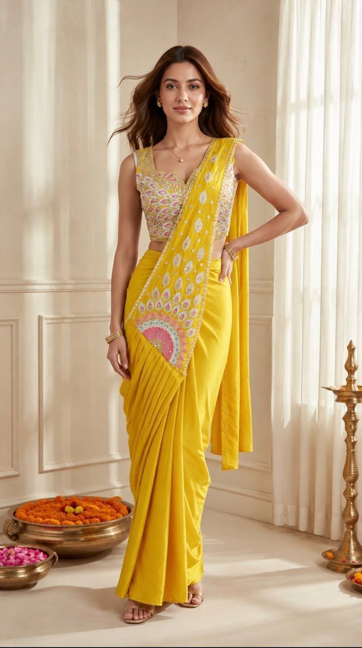 Designer Haldi Ceremony Saree Sequins Embroidery Ready to Wear Sari