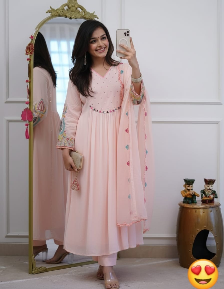 Women’s Pink Anarkali Kurta Pant Dupatta Set Embroidered Ethnic Party Wear