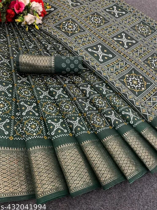 Women’s Bandhani Print Cotton Blend Saree with Woven Design and Matching Blouse