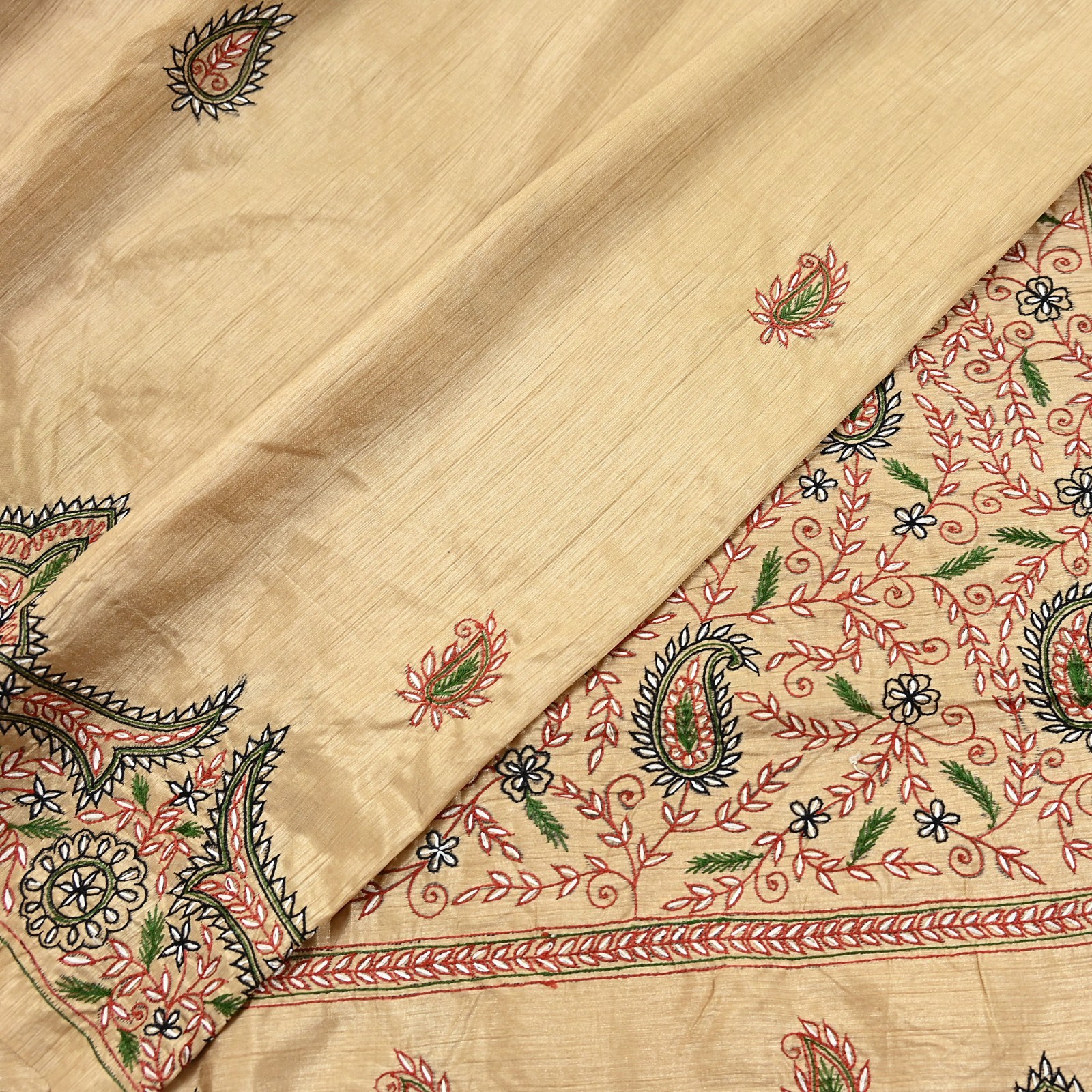 Indian Vintage Sari Beige Artificial Silk Hand Embroidered Sarees Craft Fabric 5