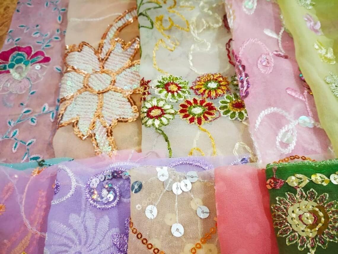 Abb Vintage Sari Georgette Fabric 15pcs Embroidered Pastel Craft Decor