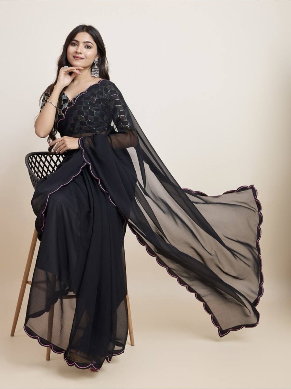 Solid/Plain Assam Silk Georgette Saree (Black)