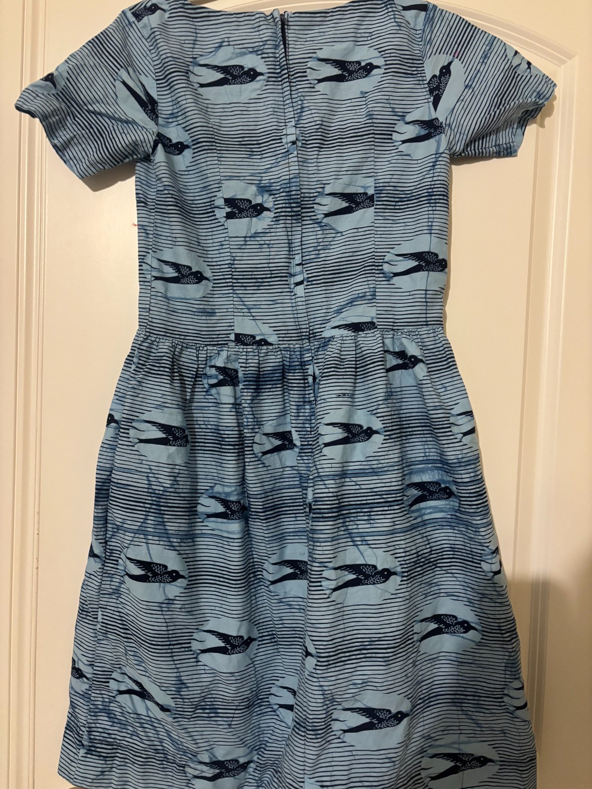 Handmade African Wax Print Bird Dress Blue Cotton Fit Flare Pockets 30W