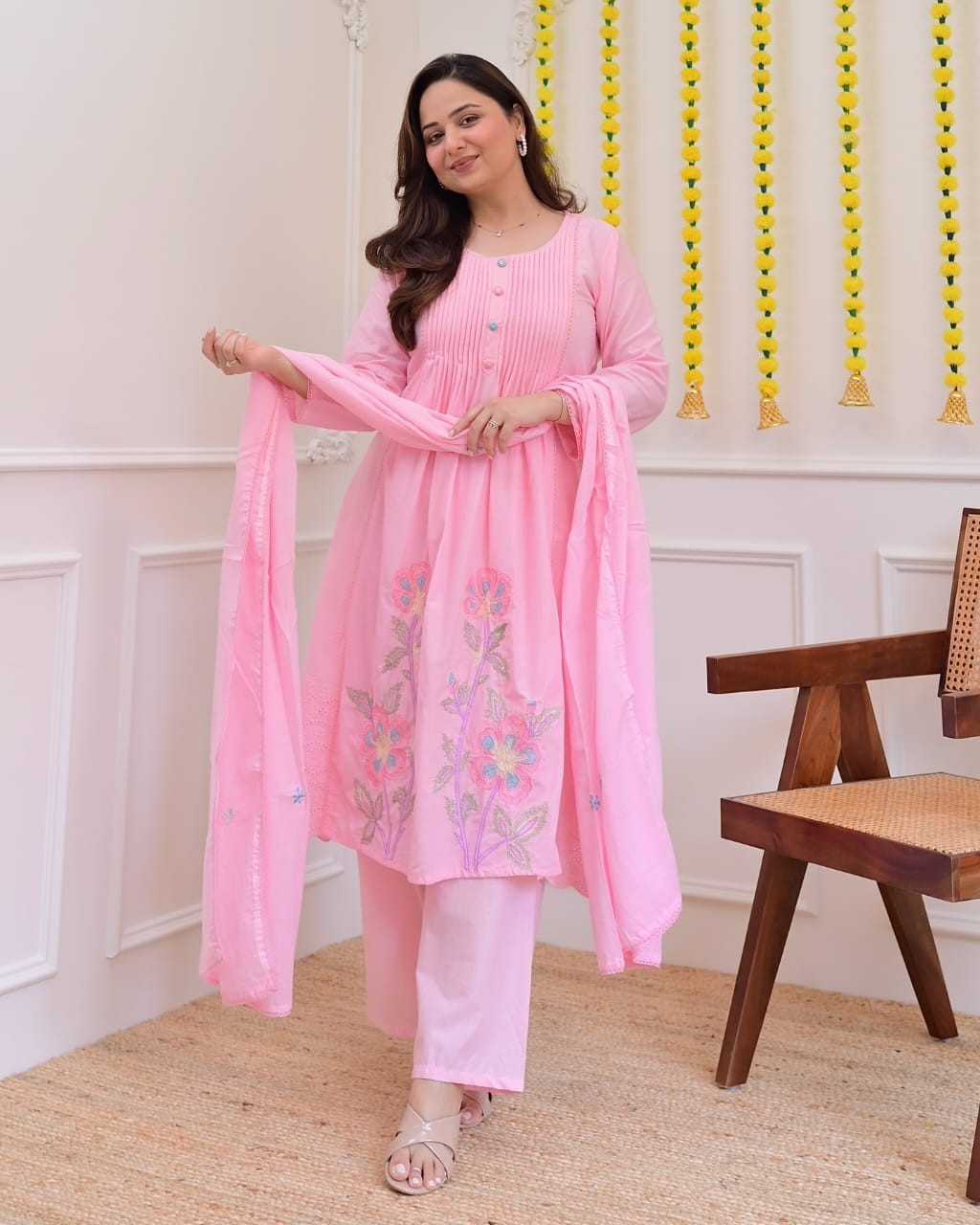 “Embroidered Yellow & Pink Kurti Set with Dupatta | Festive Indian Ethnic Wear