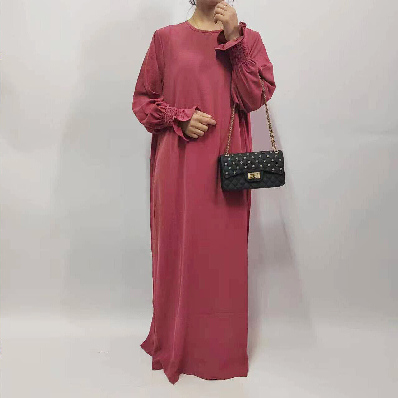 Muslim Women Solid Color Long Sleeve Abaya Loose Robe Simple Maxi Dress Kaftan