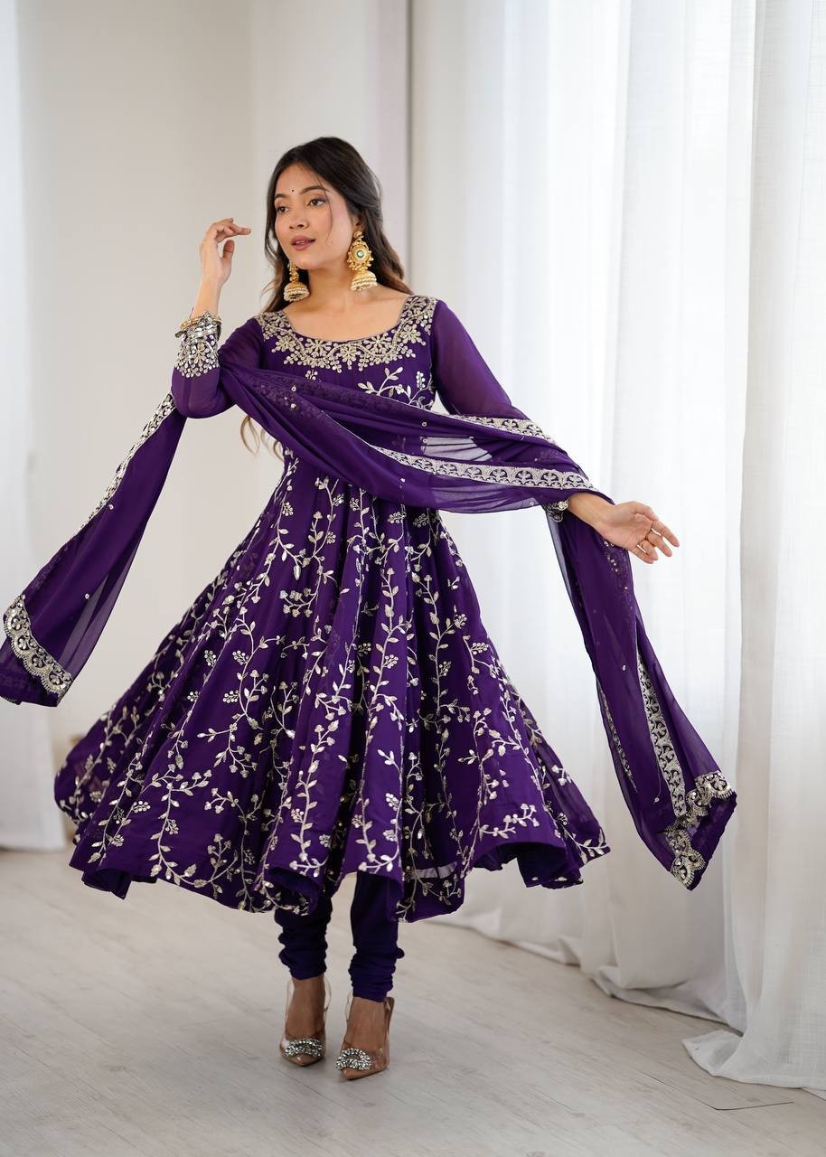 Elegant Purple Georgette Embroidery Sequins Work Flared Anarkali Gown 3 Pc Set