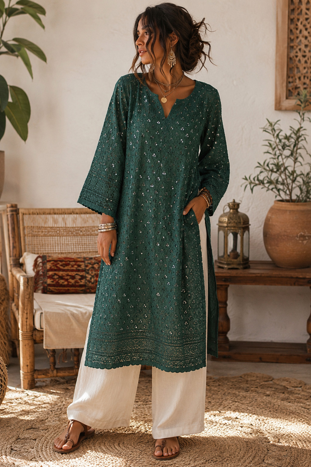 Sequin Embroidered Green Cotton Kurta Tunic Dress Size 46 Boho Festival India