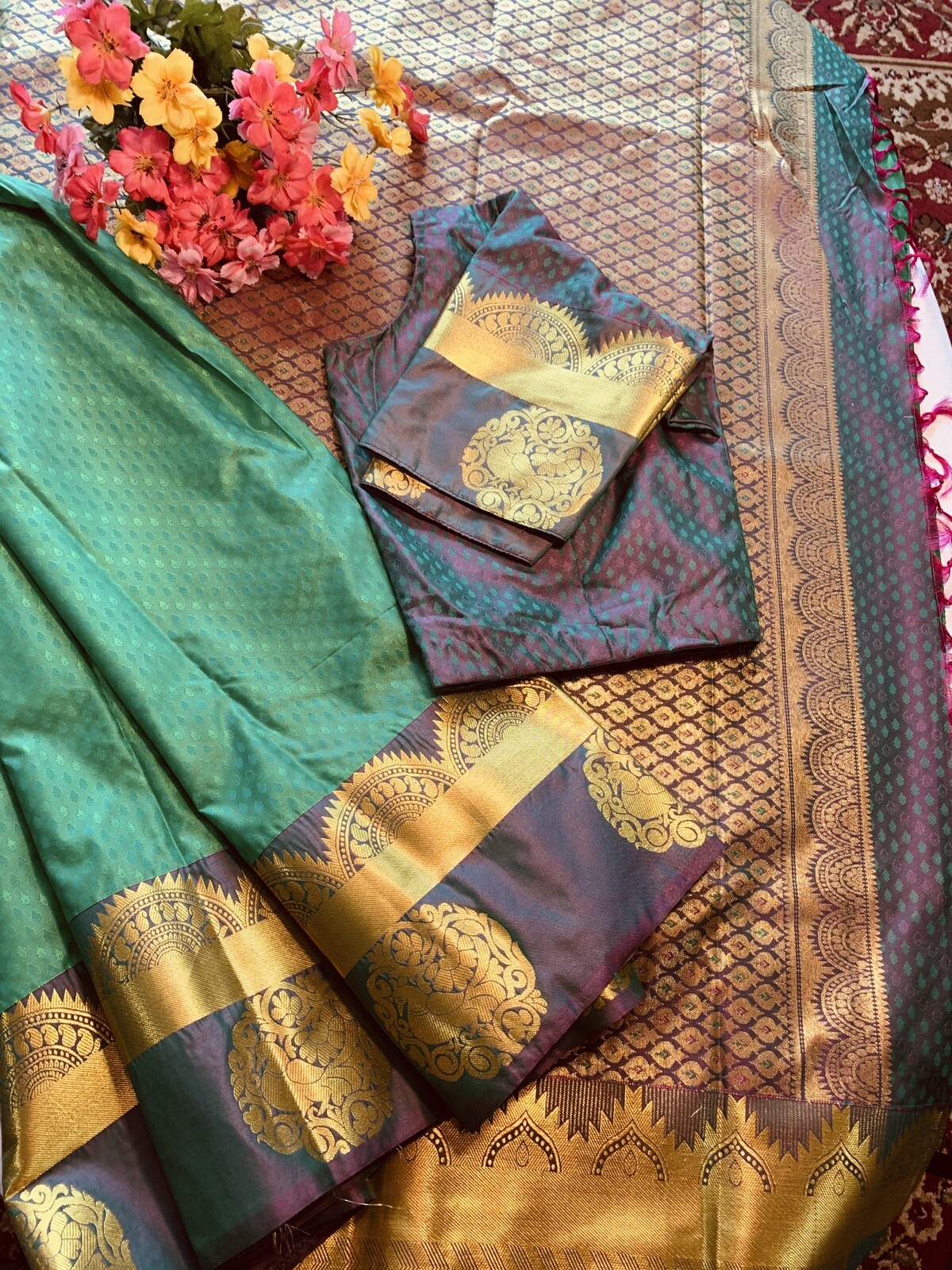 Beautiful Semi Soft Silk Saree With Stitched High Neck Blouse 38/40