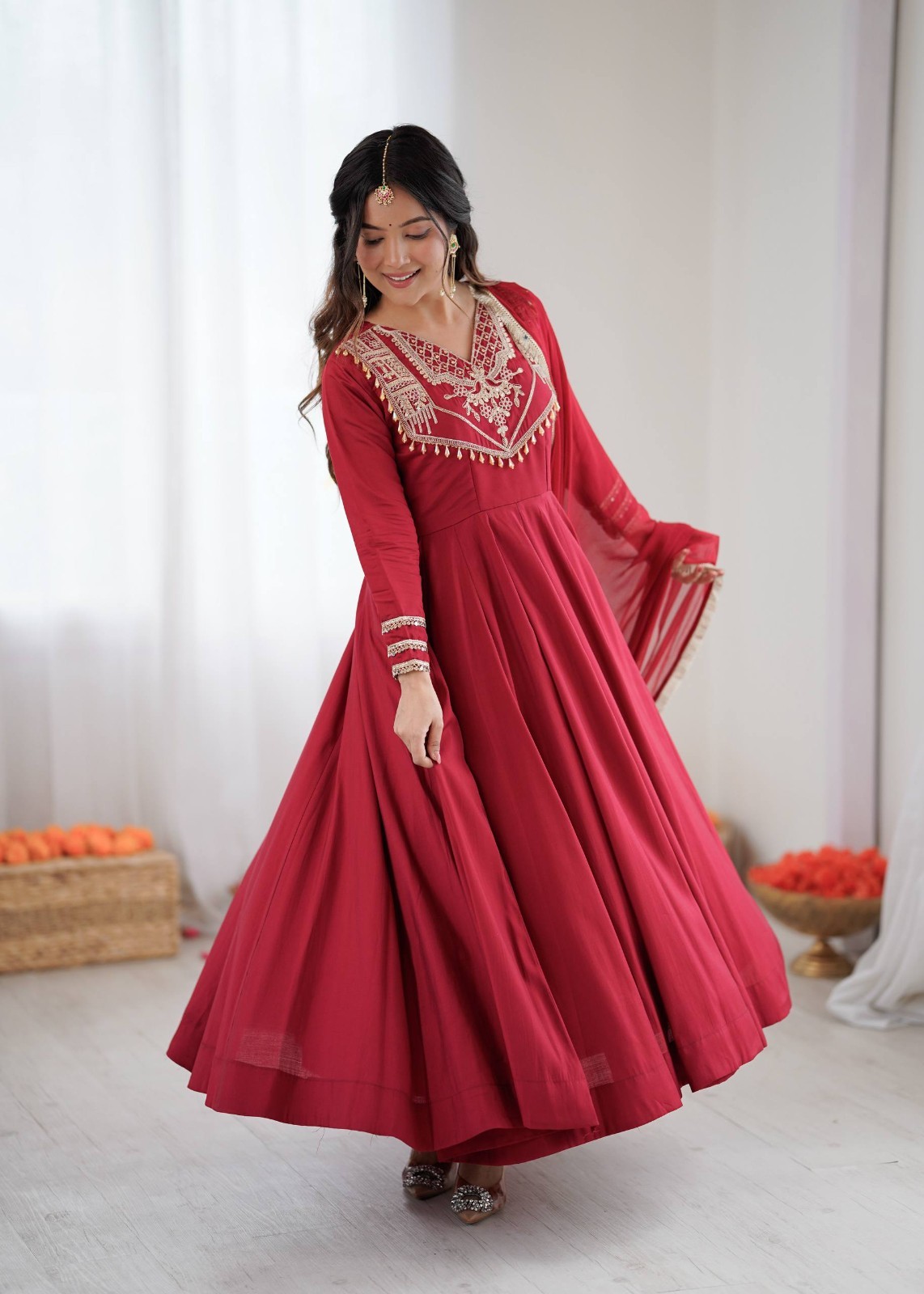 Beautiful Roman Silk Red Gown Bottom With Dupatta For Indian Festive Wear