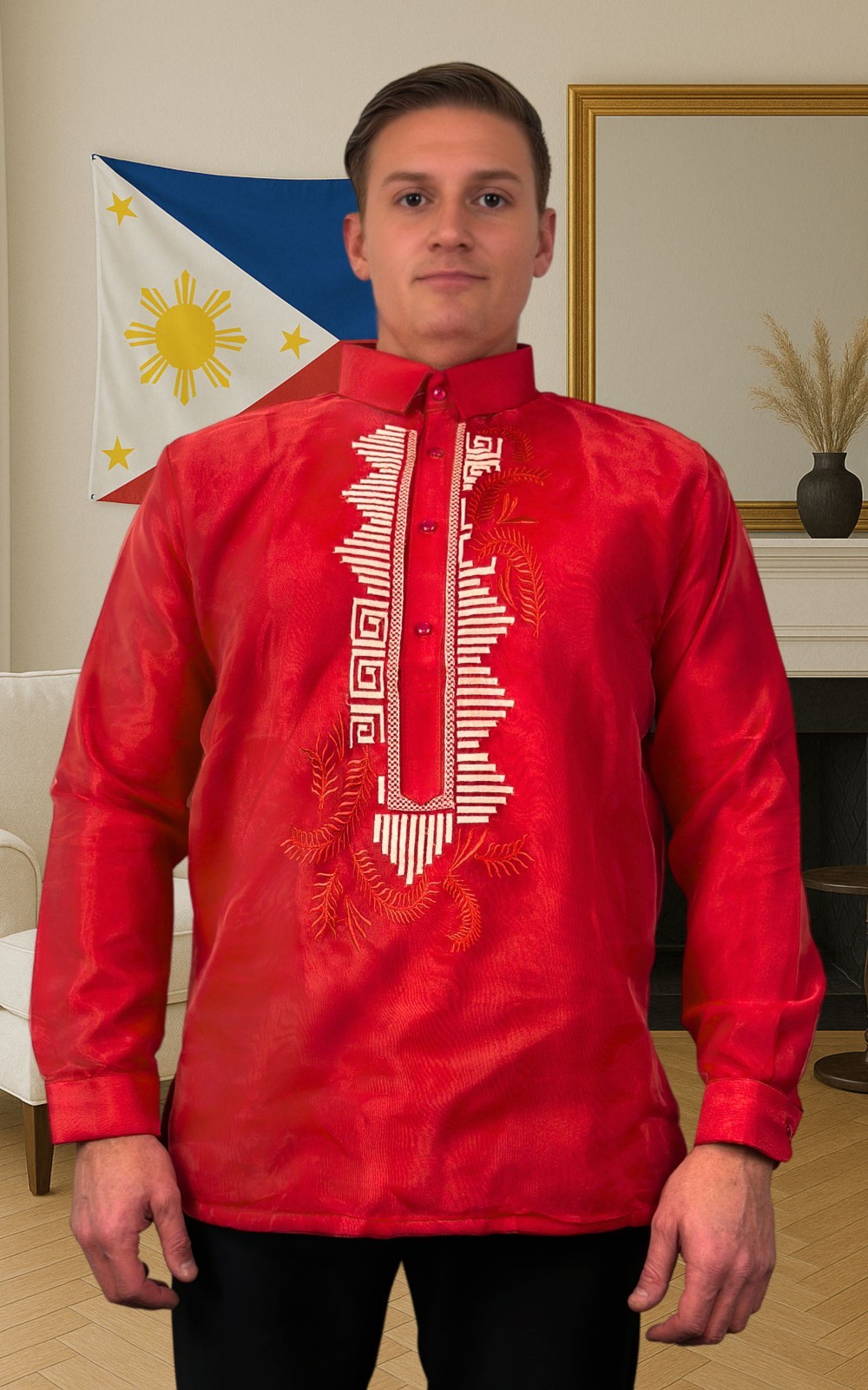 Red Long Sleeve Organza Barong Tagalog