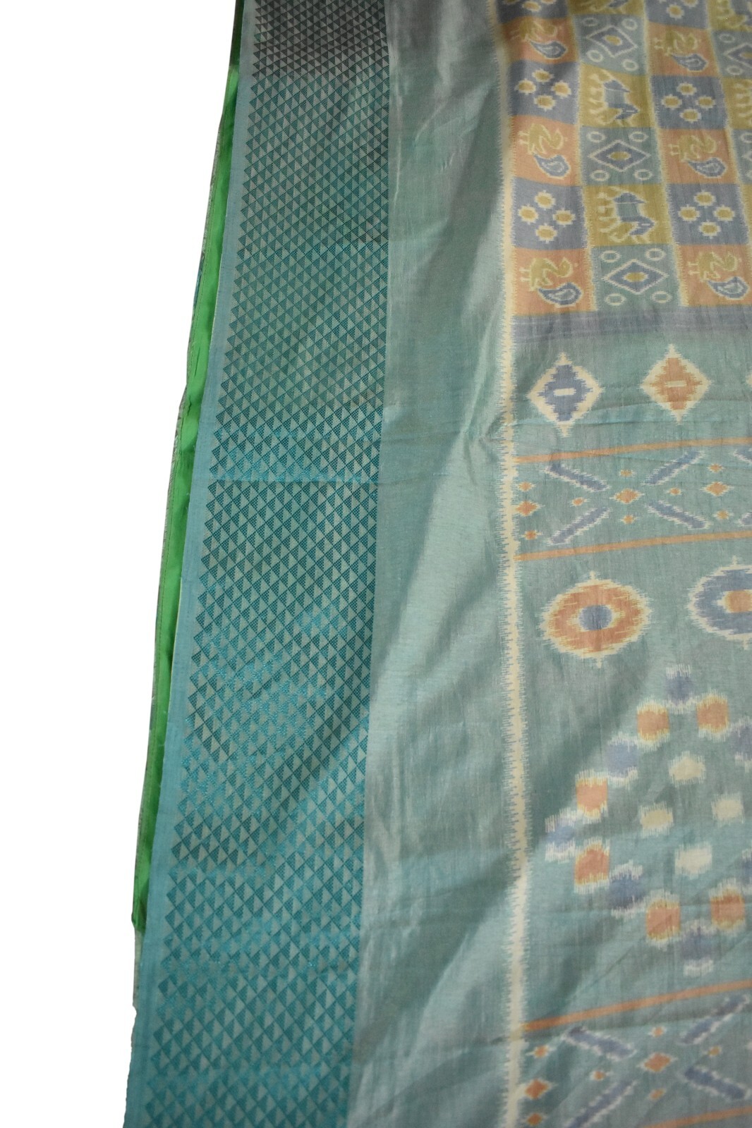 FNC Vintage Green Sambalpuri Ikat Sarees Handwoven Art Silk Sari Fabric Antique