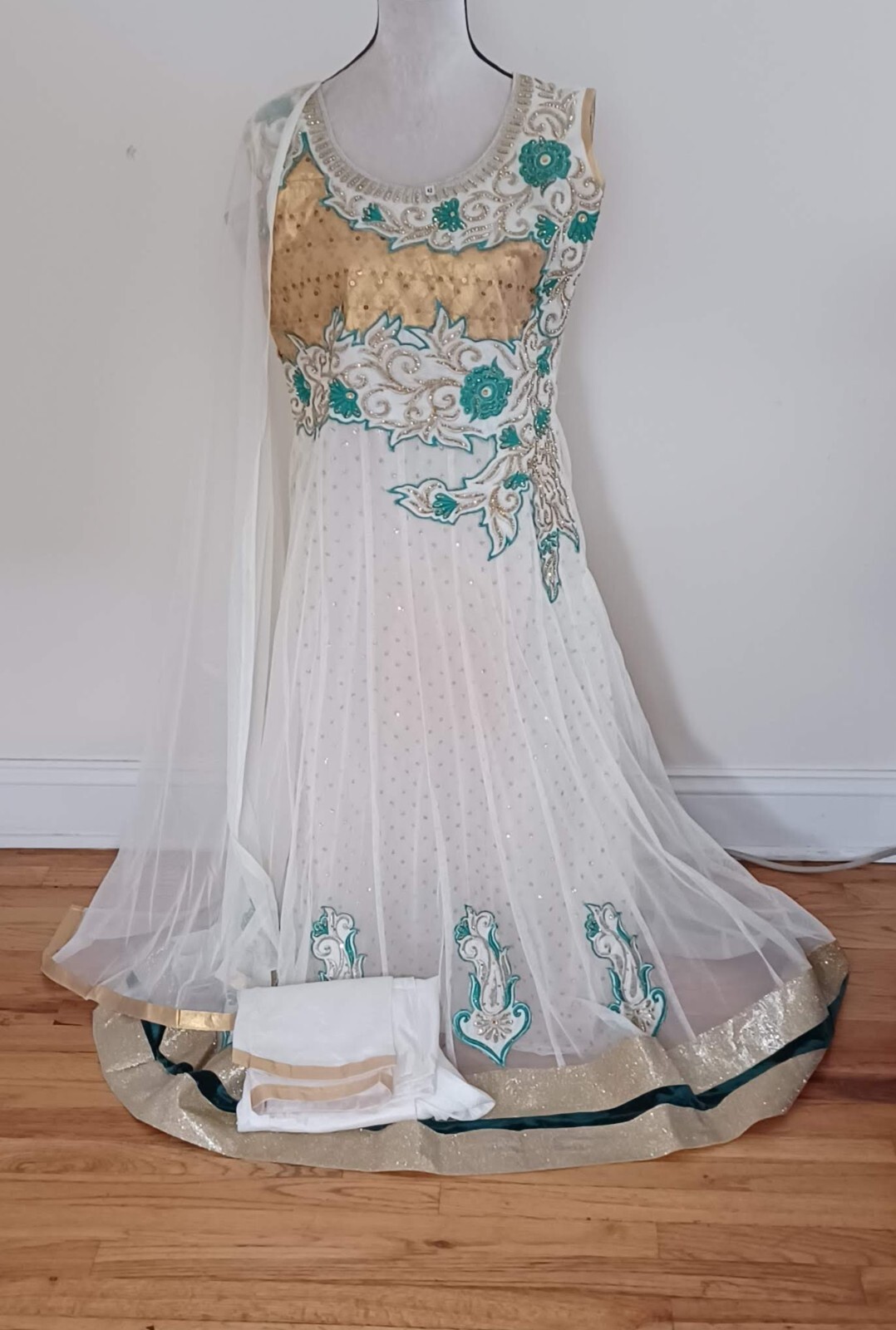 New Off White Soft Net Stitched Ready Made 3Piece Gown
