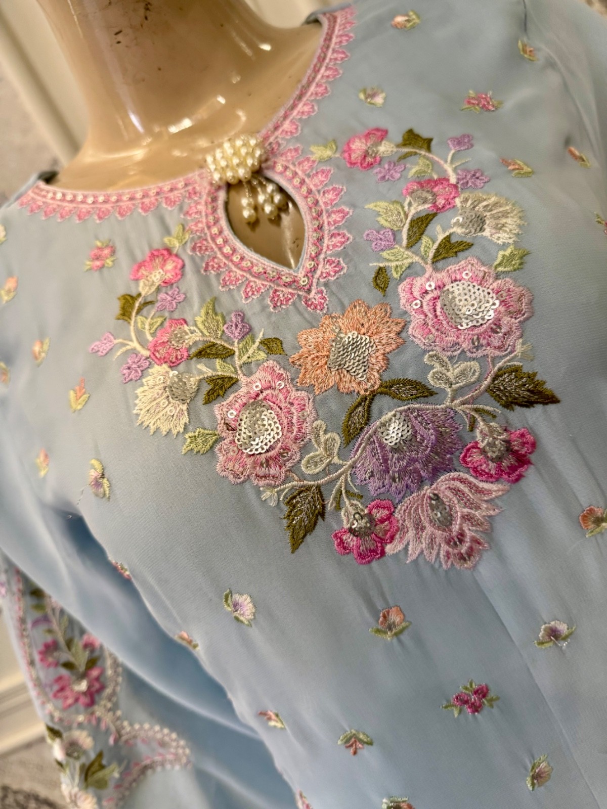 Pakistani Light Blue chiffon & Silk fancy Embroidered Sharara Dress,XL