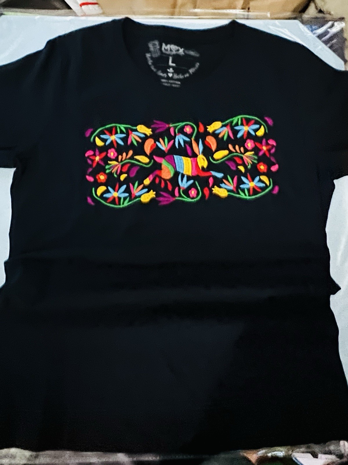 MOY artesanal Black Cotton Mexican Embroidered Shirt Size L