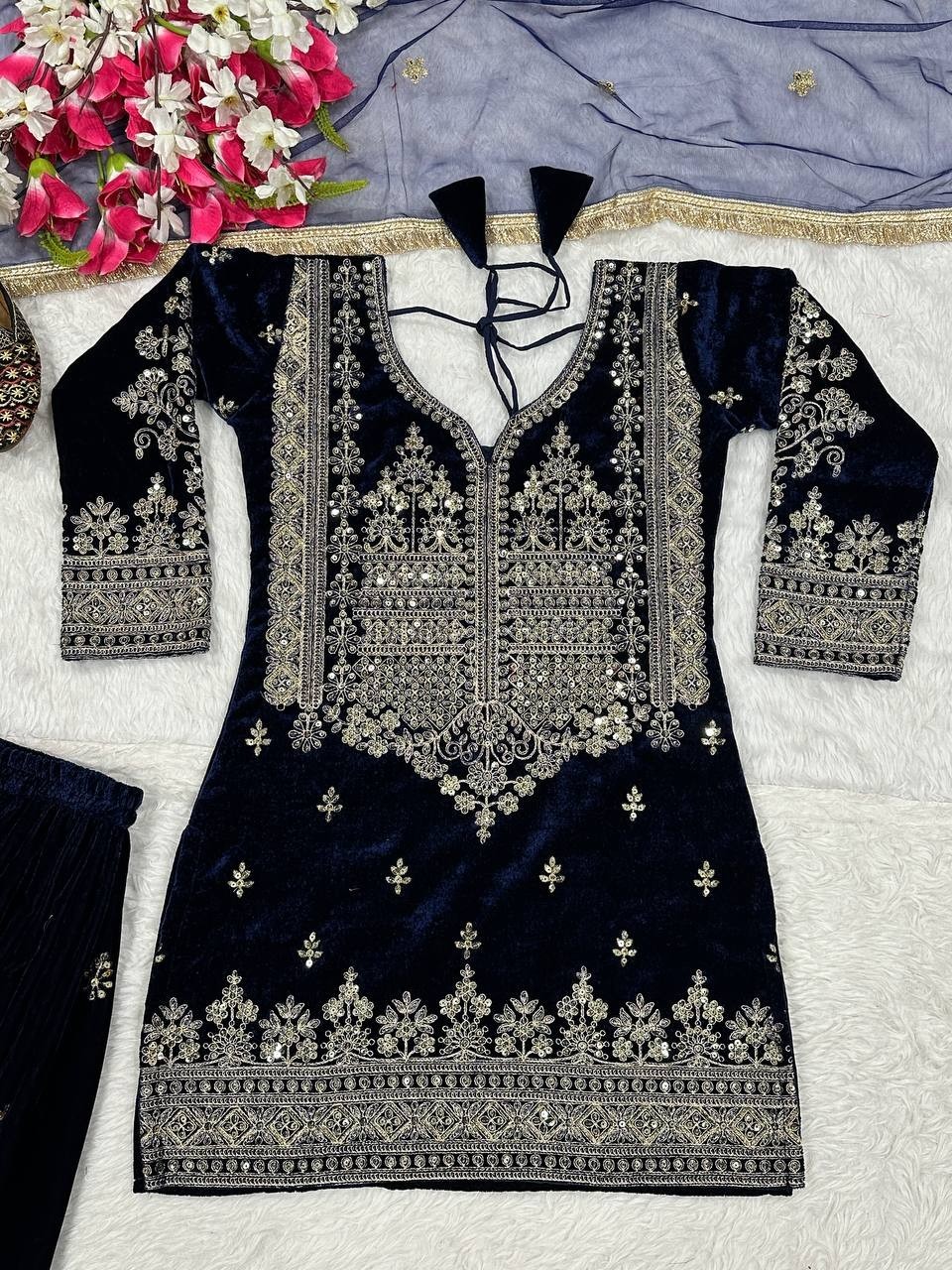 Attractive Designer Viscose Velvet Kurta Palazzo With Net Dupatta For Women